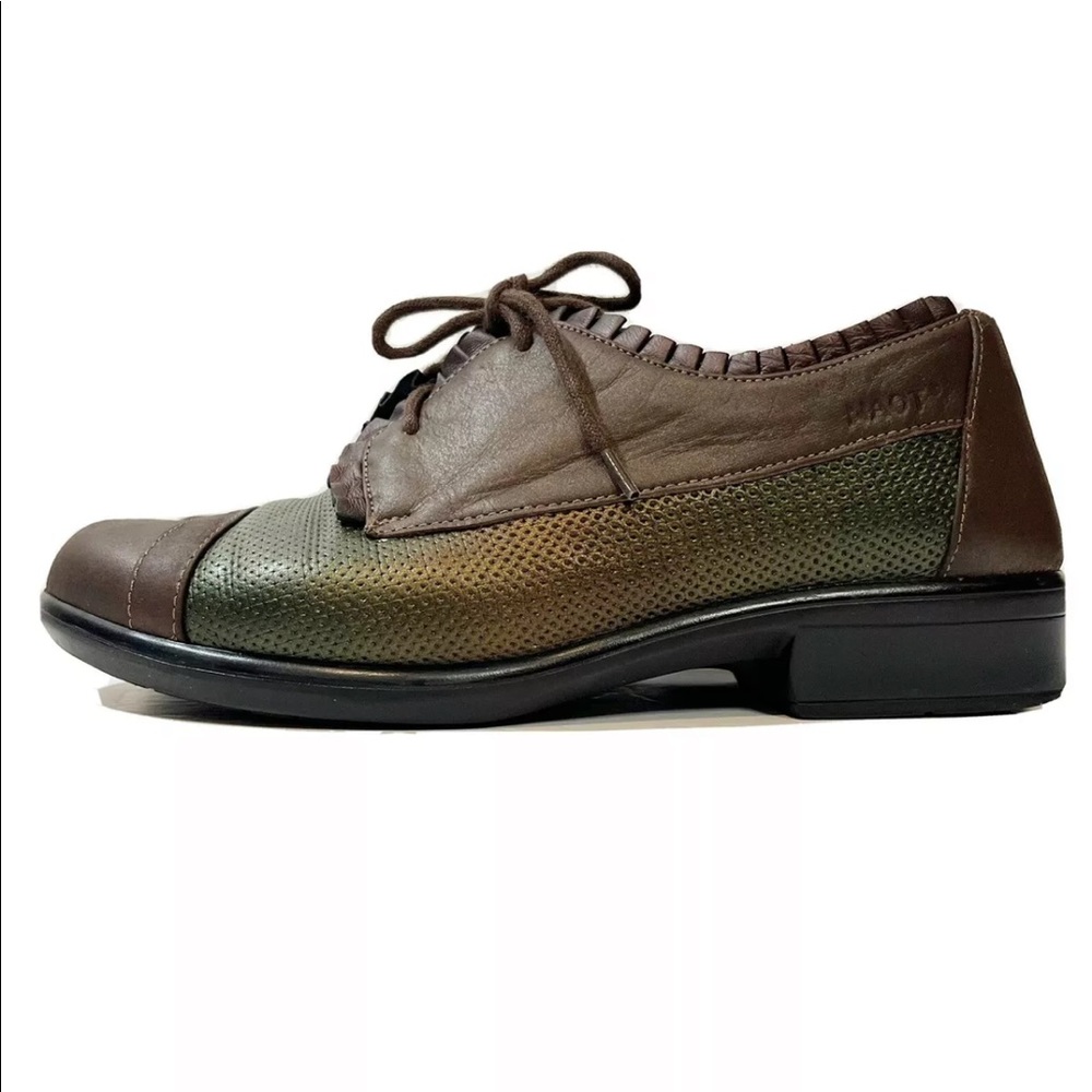Naot Metallic Green Brown Leather Suede Yama Ruffle Lace Up Oxford Shoes Sz 6/36
